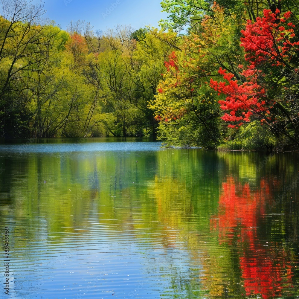 Aufkleber A tranquil lakeside scene with vibrant spring foliage reflected in the calm water, creating a sense of serenity. 