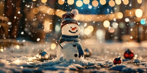 A snowman wearing a hat and scarf standing in the snow. Suitable for winter-themed designs