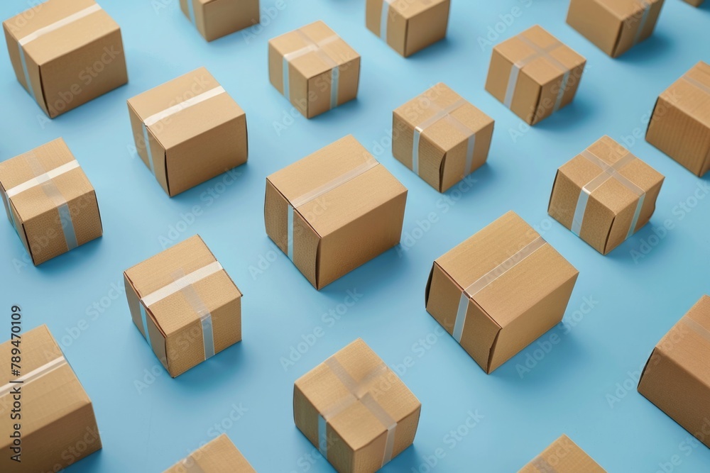 Poster various brown boxes arranged on a blue surface. suitable for logistics and storage concepts