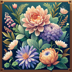 A floral design with a blue background. The flowers are pink and purple. The design is very colorful and lively