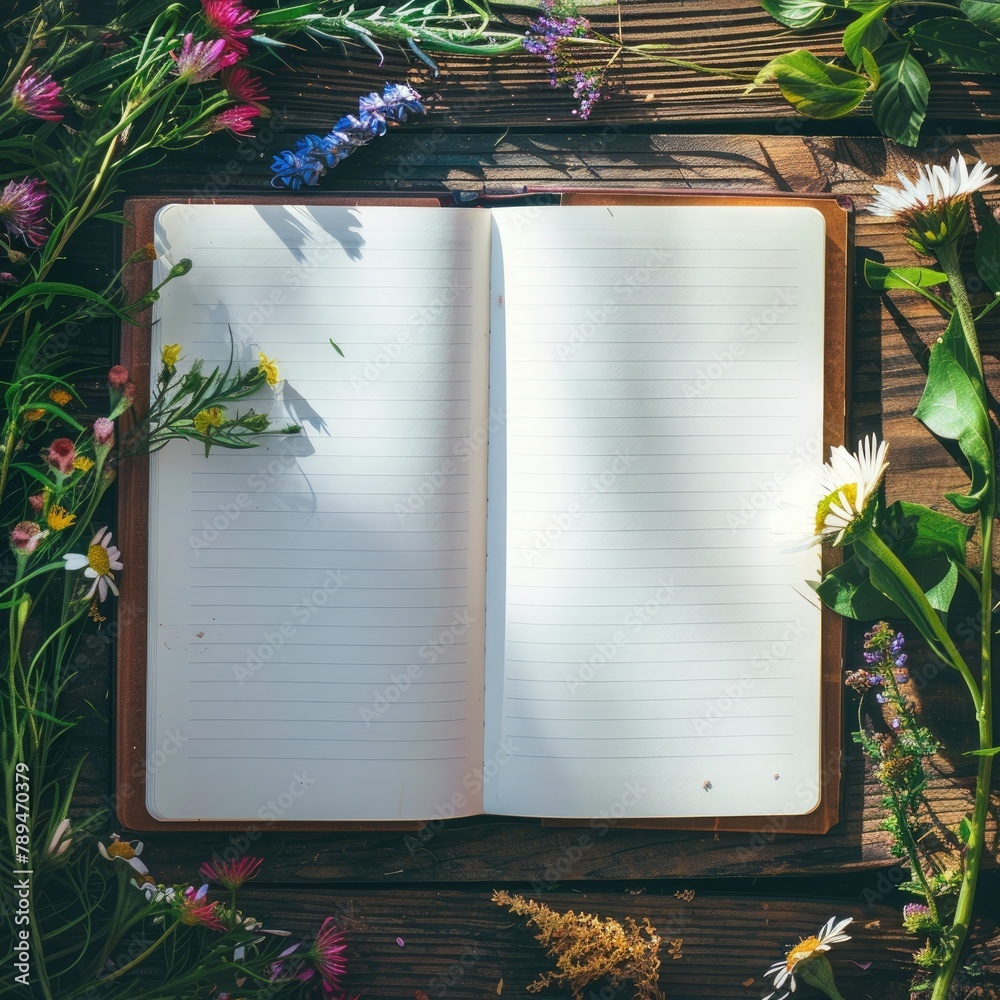 Poster a blank notebook or journal open on a wooden table, surrounded by blooming flowers and greenery.