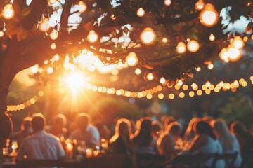 ..A garden summer party at sunset, with silhouettes against the colorful sky,