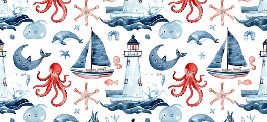 Obraz na płótnie Canvas A beautiful watercolor painting featuring an octopus, whale, and lighthouse. Perfect for marine-themed designs