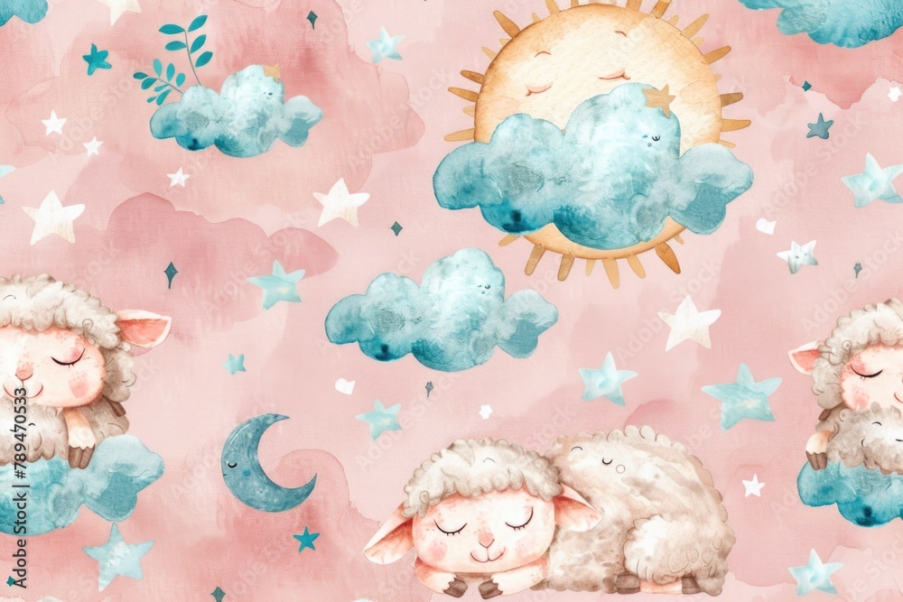 Poster tranquil scene of sheep resting on a fluffy cloud. ideal for children's books or nursery decor
