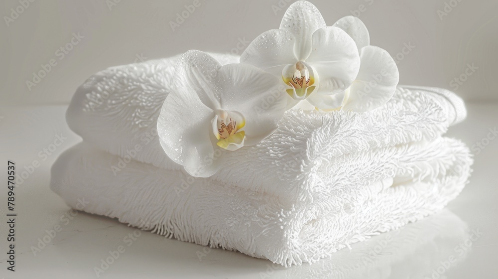 Poster Neat stack of white towels on a table, suitable for bathroom or spa concept