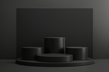 Four Balck Podiums With Different Heights, Pedestals For Product Presentation, Pure Black Background