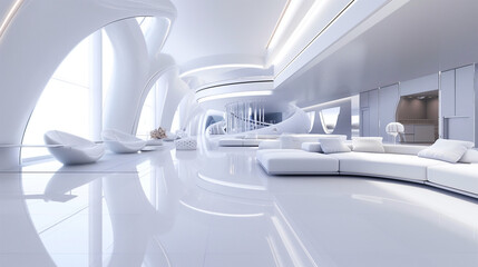 A rendering of a futuristic white room with a kitchen, living room, and seating area.

