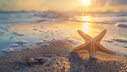 Fototapeta na wymiar starfish on sand beach, peace moment view