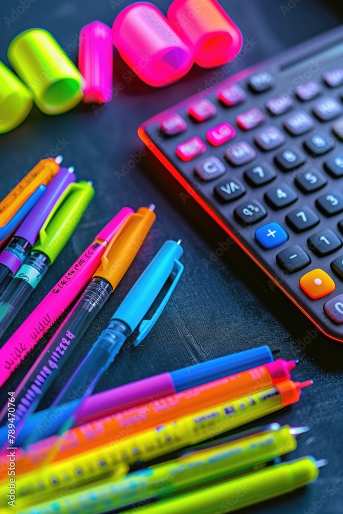 Poster a collection of pens and a calculator on a table. ideal for office and business concepts