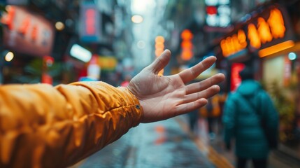 A person's hand reaching out to touch a city street, AI