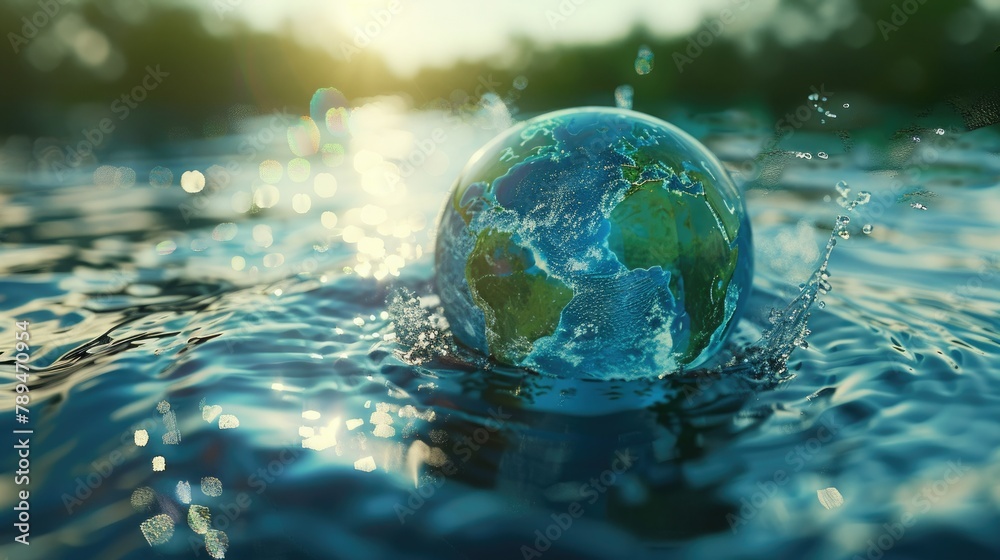 Poster 3D render of a globe surrounded by flowing water to signify the importance of World Water Day. 