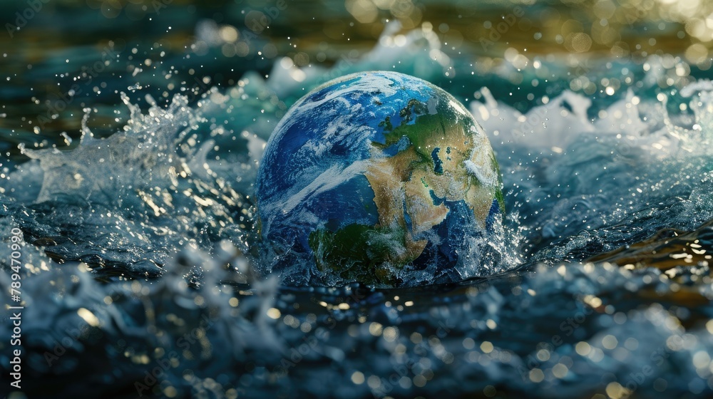 Poster 3D render of a globe surrounded by flowing water to signify the importance of World Water Day. 
