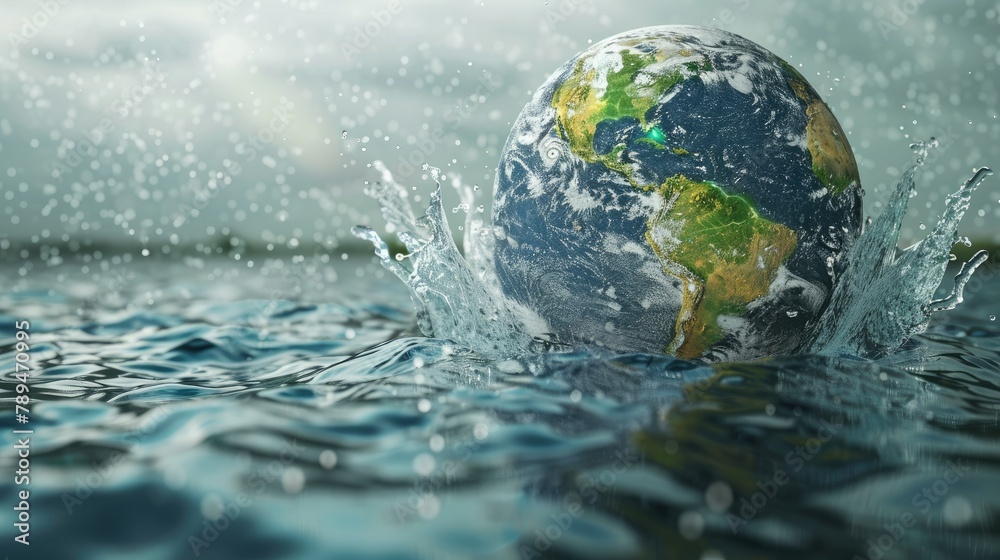 Poster 3D render of a globe surrounded by flowing water to signify the importance of World Water Day. 