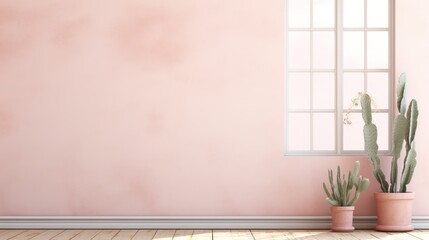 Fototapeta premium Minimalist print design wallpaper, a serene cactus set against a window with white shutters, bathed in soft pink and neutral hues