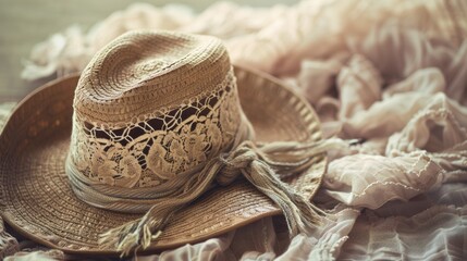 A hat with a lace trim on top of some fabric, AI - obrazy, fototapety, plakaty