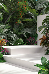 High Angle View of Tropical Garden Path. Tranquil garden with white stairs amidst lush tropical foliage.