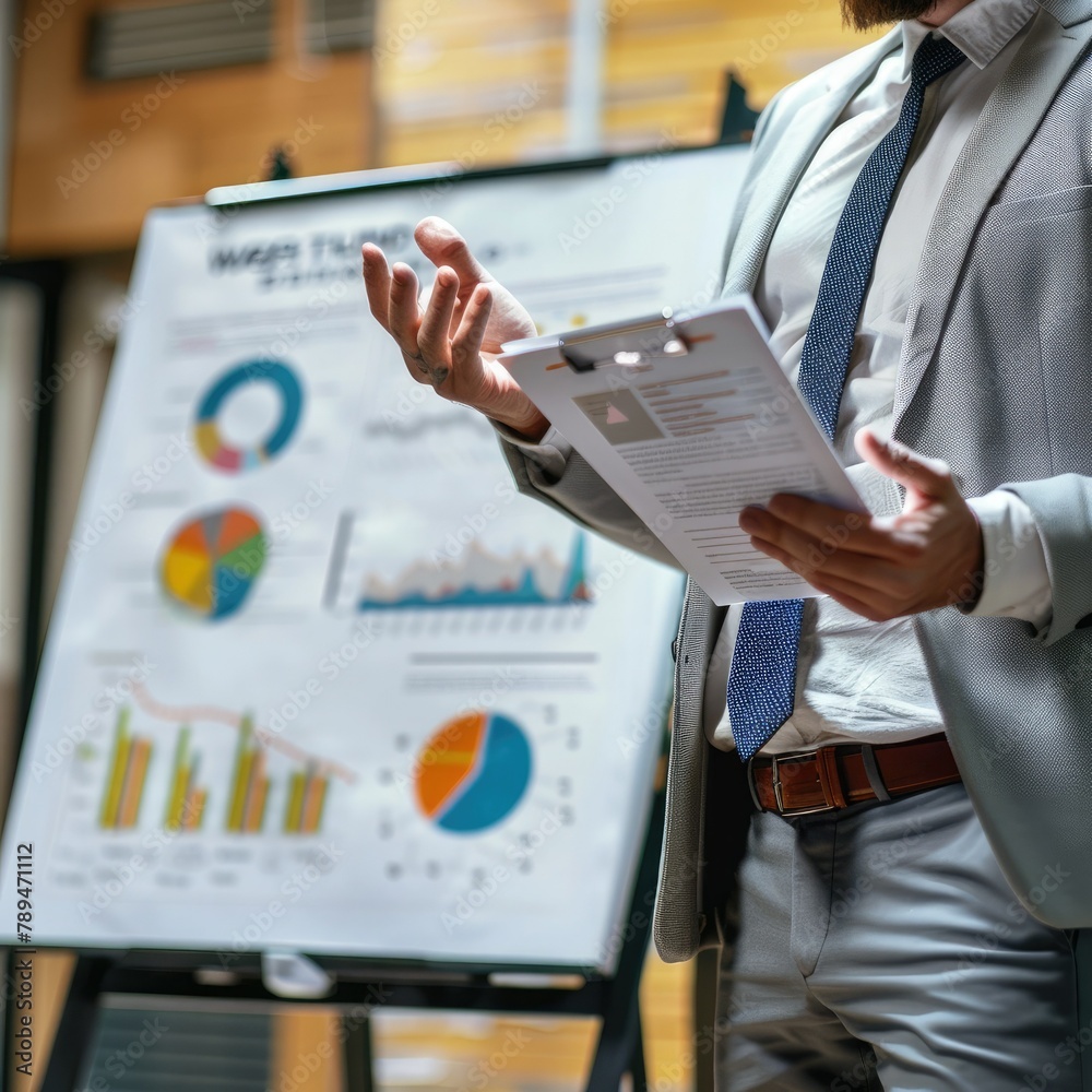 Poster Close-up of a businessman delivering a presentation with charts and graphs on a whiteboard. 
