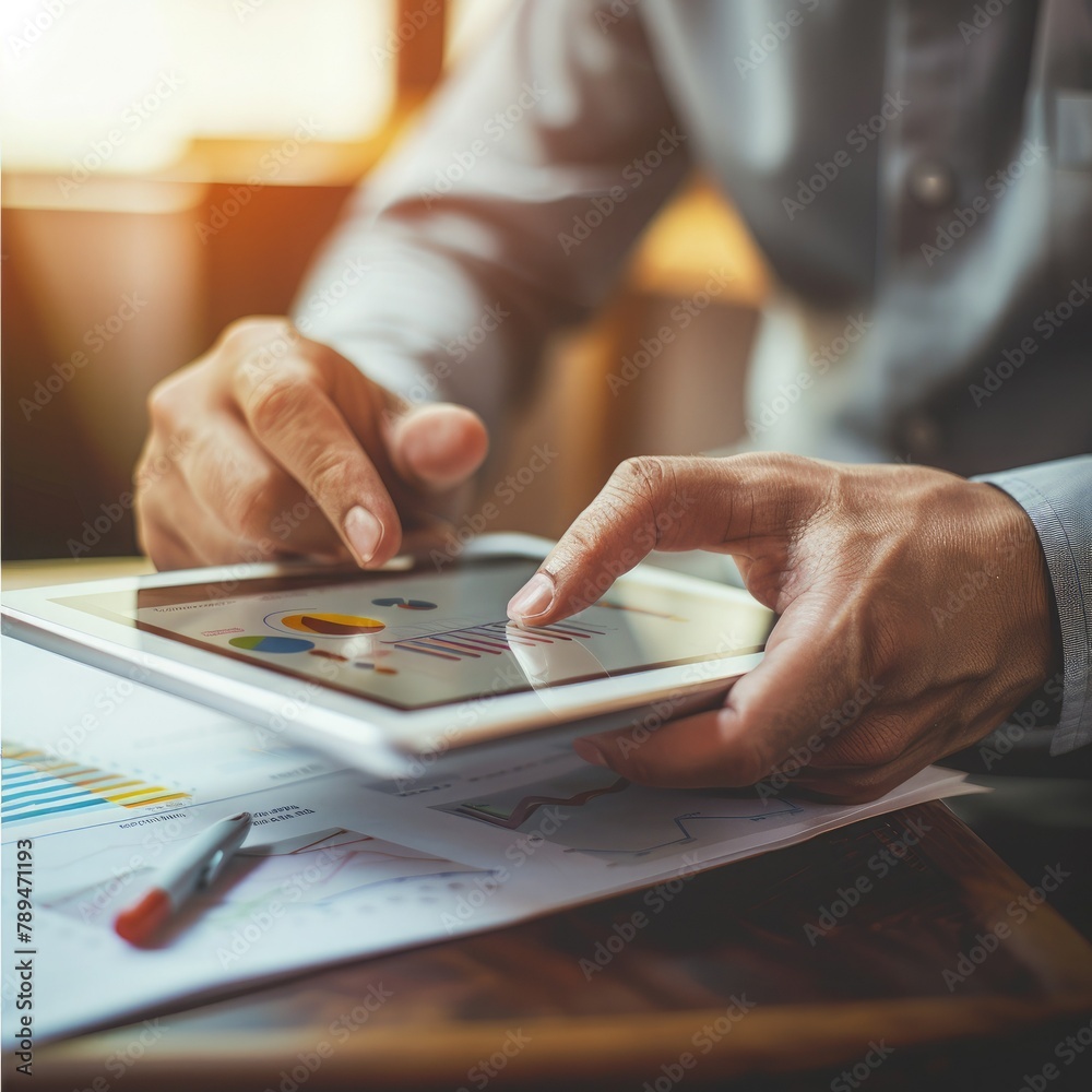 Poster A businessman using a digital tablet to showcase data during a presentation. 