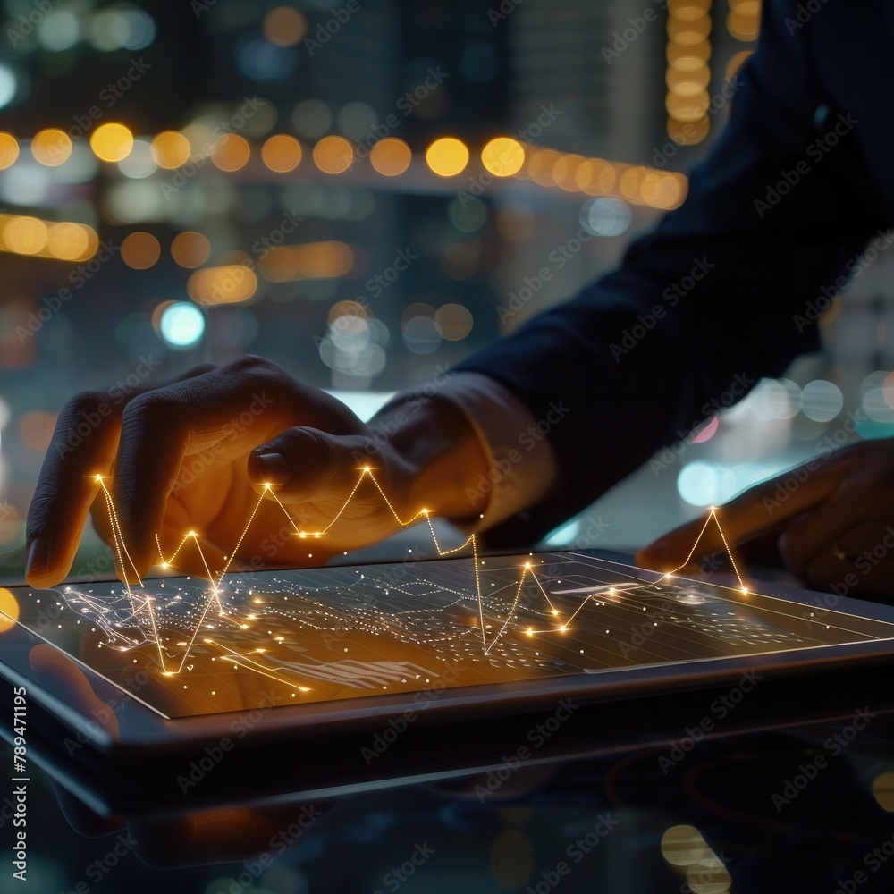 Poster A businessman using a digital tablet to showcase data during a presentation.