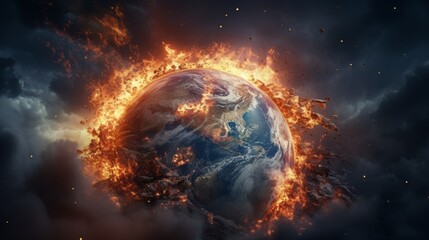 Earth as a burning globe, its form carbonized and disintegrating under intense fire, set against embers in a dramatic illustration of global warming - obrazy, fototapety, plakaty