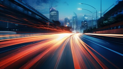 Evening rush hour captured in motion on a city highway, car headlights blur creating dynamic lines of light in a high-speed scene