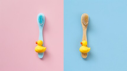 Eco bamboo toothbrush and duck toys on pink and blue background