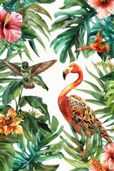 Obraz premium A beautiful pink flamingo surrounded by lush tropical leaves and vibrant flowers. Perfect for tropical-themed designs