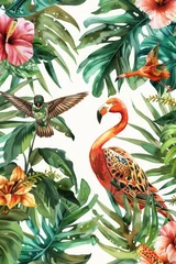 Fotobehang A beautiful pink flamingo surrounded by lush tropical leaves and vibrant flowers. Perfect for tropical-themed designs © Fotograf