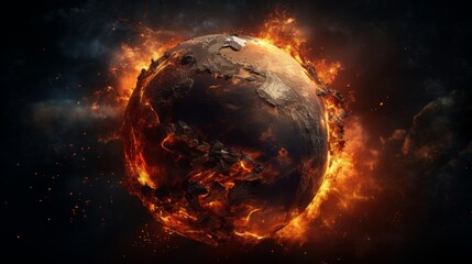 Fiery demise of a carbonized Earth globe, crumbling to ashes on glowing embers, a powerful depiction of global warming in high-definition