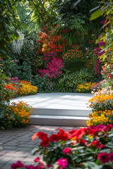Fototapeta na wymiar Serene Pathway in Blooming Garden. Vibrant garden path surrounded by colorful flowers, ideal for spring and summer themes.