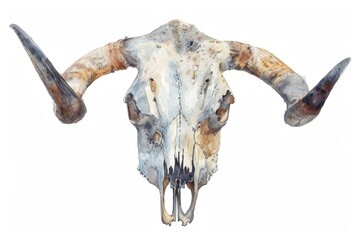 A detailed watercolor painting of a cow skull with horns. Perfect for rustic and western-themed designs