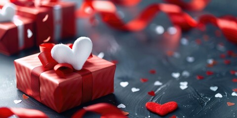 A red gift box with two white hearts on top. Perfect for Valentine's Day or special occasions