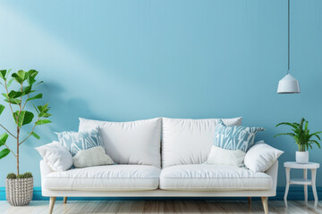 minimalist interior design of living room with blue walls and white sofa