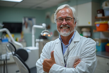 Fototapeta premium Man in a white lab coat is smiling and giving a thumbs up in a dental office