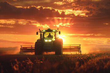 Fototapeta premium Golden Hour Tractor Harvesting Field. Tractor harvesting wheat in field at sunset, ideal for agriculture and farming themes.
