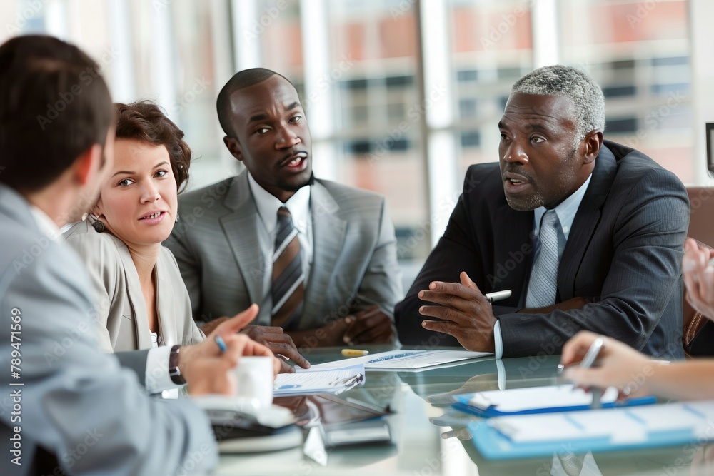 Poster a diverse team of professionals discussing goals and objectives in a meeting.