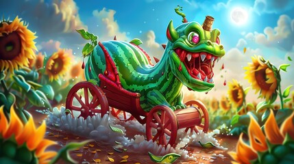 A whimsical chariot sculpted from watermelons gallops across a field of sunflowers, its juicy wheels leaving a trail of refreshment