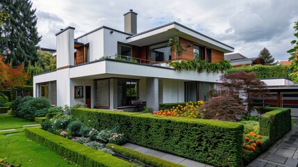 Fototapeta na wymiar modern home including flowerbeds and a green hedge in the backyard
