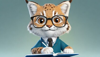 Katze mit Brille schreibt in einer Heft. 