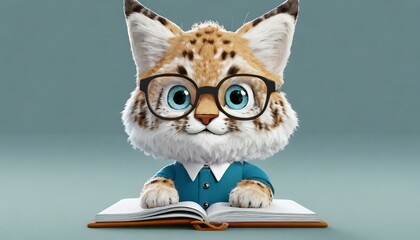 Katze mit Brille liest eine Buch.