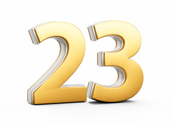 3D Golden Shiny Number 23 Twenty Three With Silver Outline On White Background 3D Illustration