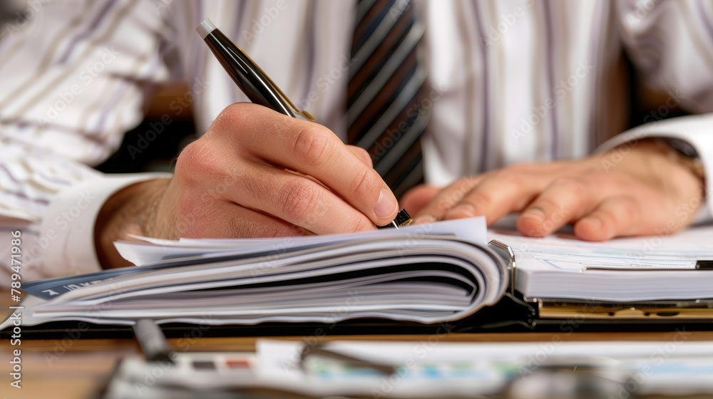 Poster A young professional organizing their time sheets neatly in a binder for submission. 