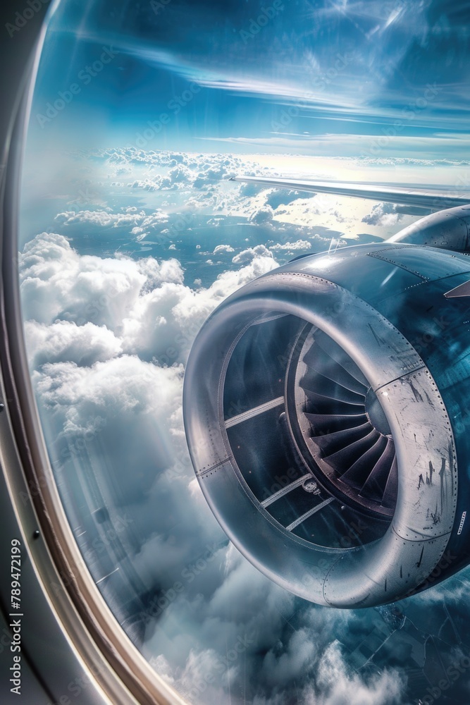 Poster a powerful jet engine flying through a cloudy sky. suitable for aviation and technology concepts