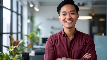 Asian Entrepreneur's Confident Smile Symbolizes Success and Optimism in a Modern Office Setting