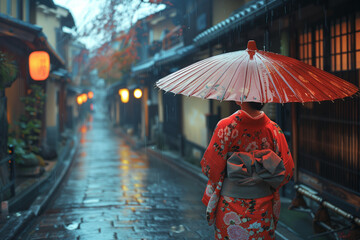 Ethereal Evening in Traditional Japanese Street. Rear view of a woman in a kimono holding an...