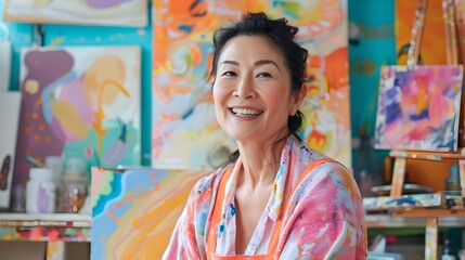Obraz na płótnie Canvas Asian Painter Radiating Joy in Her Vibrant Art Studio