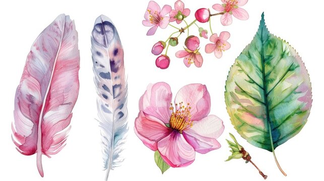 Beautiful watercolor flowers and feathers collection. Perfect for various design projects