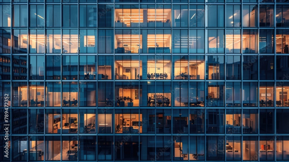 Poster a large glass building with numerous windows, suitable for business concepts