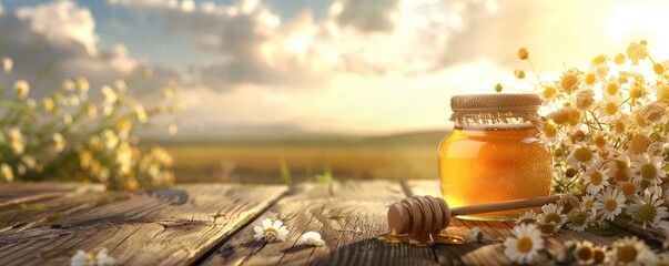 a glass jar of honey, with a wooden honey dipper, resting gracefully on a wooden table surroundded by many flowers and meadow on background