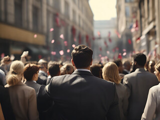 Fototapeta premium Back view of a large group of business people celebrating in the street in crowd, hyper realistic, selective focus, buildings in background, ribbons